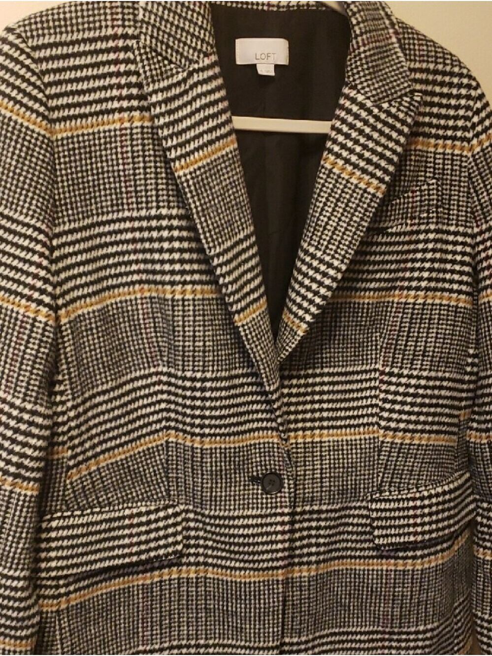 LOFT Plaid Single-Button Wool Blend Blazer in Black, Cream & Tan - Picture 2 of 8